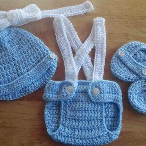 Crochet Baby Boy Suspenders Newsboy Hat Diaper Cover Outfit Photo Prop